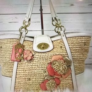 Coach Straw Hampton Weekend Flower Appliqué Tote